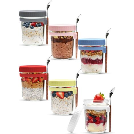 Lot de 6 Bocaux en Verre Overnight Oats avec Couvercle et Cuillère 400ml - Récipients Meal Prep avec Marques de Mesure - Pots Réutilisables pour Salade, Fruits et Porridge (1/5)