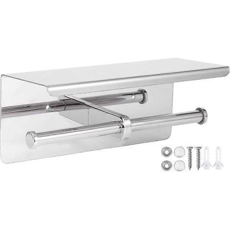 Porte-Papier Toilette Double en Acier Inoxydable, Support Rouleau avec Étagère pour Téléphone, Organiseur de Salle de Bains (1/5)