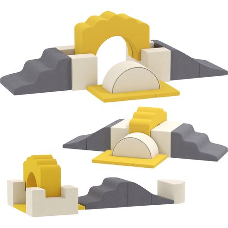 Parcours de motricité pour bébé, bloc de construction modulaire en mousse de 7 pièces avec housse de sécurité lavable et renforcée en velours, jaune