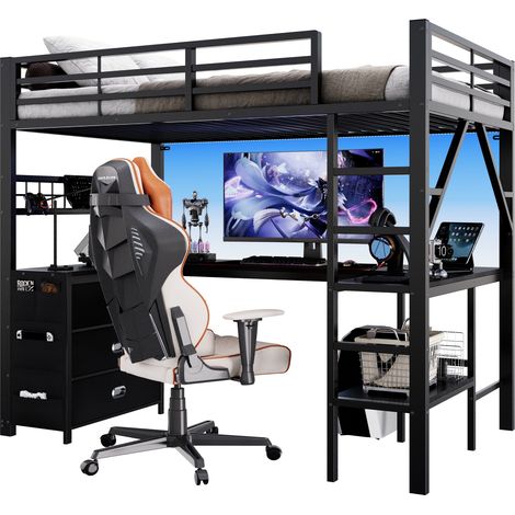 Lit surélevé pour Gaming (90 x 200 cm) avec Bureau, Étagères, Tiroirs et Éclairage LED, Noir (1/5)