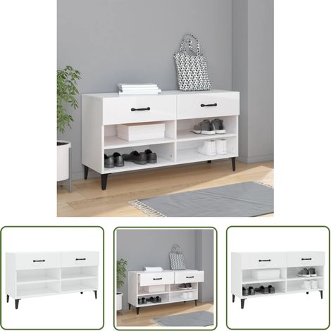 The Living Store Armoire à chaussure Blanc brillant 102x35x55 cm Bois ingénierie - Armoire À Chaussures - Meuble Rangement Chaussures - Rangement Chaussures - Étagère Chaussures - Placard Chaussures (1/5)