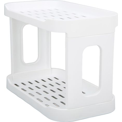 Étagère de bureau à double niveau, grande capacité, design avec barrière, étagère de rangement en plastique blanc pour cosmétiques, idéale pour le bureau à domicile. (1/5)