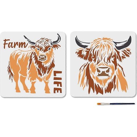 Lot de 2 pochoirs représentant des têtes de vaches Highland (11,8 x 11,8 pouces), réutilisables, avec pinceau. (1/5)