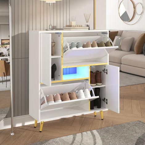 Zapatero brillo blanco detalles dorados iluminación LED tablero de partículas 80x25x96 cm (1/5)