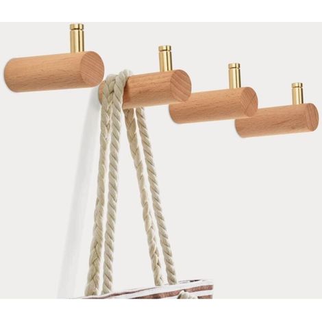 Lot de 2 crochets muraux, crochets muraux modernes en laiton doré, crochets décoratifs en bois pour accrocher manteaux, chapeaux, clés, plantes, sac à main, sacs, laisses, hêtre naturel (1/5)