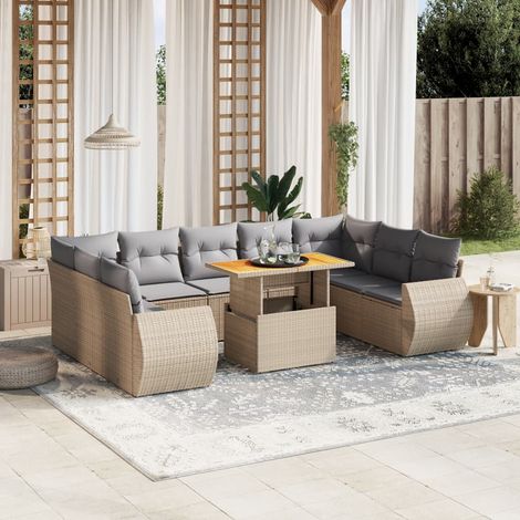 Ensemble Salon Jardin 10 Places Résine Tressée Beige avec Coussins Gris Modulable Table Réglable (1/3)