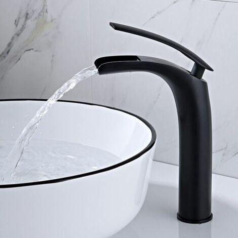 Grifo de baño tipo cascada negro, grifo de lavabo tipo cascada, mezclador de baño tipo cascada con válvula de cerámica, mango único, agua caliente y fría ajustable (Negro - Alto) MUMU (1/4)