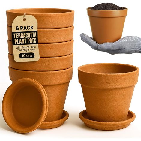 Lot de 6 grands pots de fleurs en terre cuite avec soucoupe et trou de drainage pour l'extérieur ou l'intérieur Marron 10 cm (1/5)