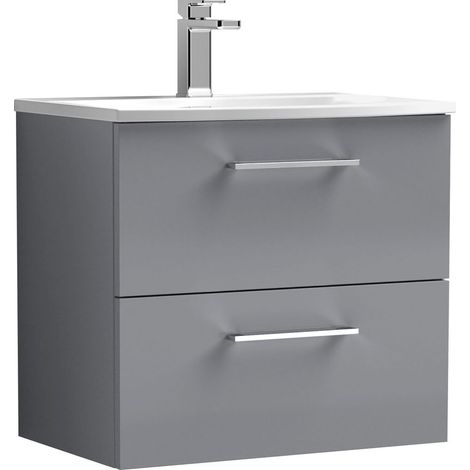 Balterley  Modern Bathroom Wall Hung 2 Soft Close Drawer Vanity Unit & Curved Basin, Satin Grey, 600mm