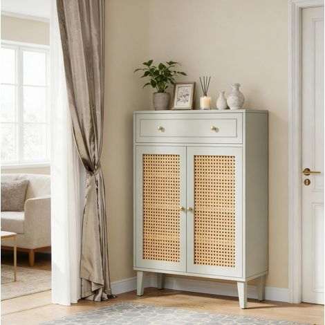 Meuble à chaussures en MDF vert menthe 80 x 35 x 100 cm avec portes, 1 tiroir et tablettes réglables (1/5)