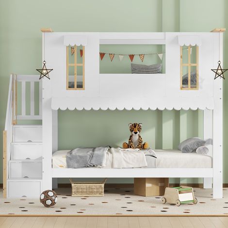 Lit superposé cabane enfant 2 x 90 x 200 cm avec escalier de rangement, fenêtres, toit ondulé, décorations en feutre, Blanc et effet bois naturel (1/5)