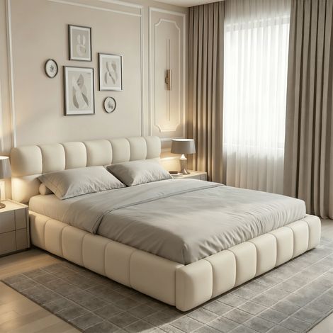 Lit Double 140 x 190 cm - Lit Bubble au design bas - Lit capitonné avec sommier à lattes et tête de lit rembourrée. (1/5)