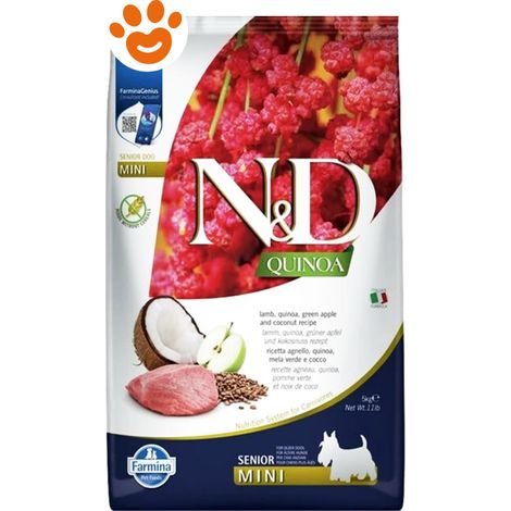 Farmina Dog N&D Quinoa Senior Mini Agnello, Mela Verde e Cocco - Sacco 1,5 Kg - Cibo Secco Cani