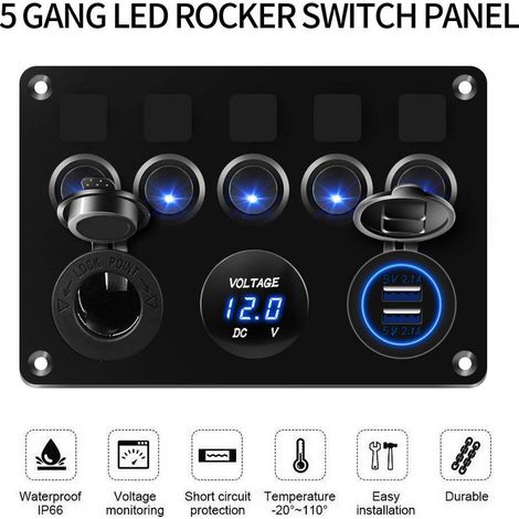 5 Gang Panneau de Interrupteur à Bascule 12V 24V Interrupteur à Bascule Panneau Tableau Electrique Bateau RV Camping-Car (Bleu)