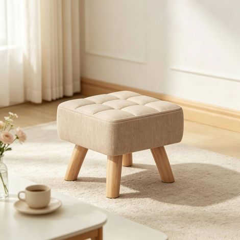 Tabouret repose-pieds carré capitonné en lin marron clair 27 x 27 x 26 cm OKWISH (1/5)