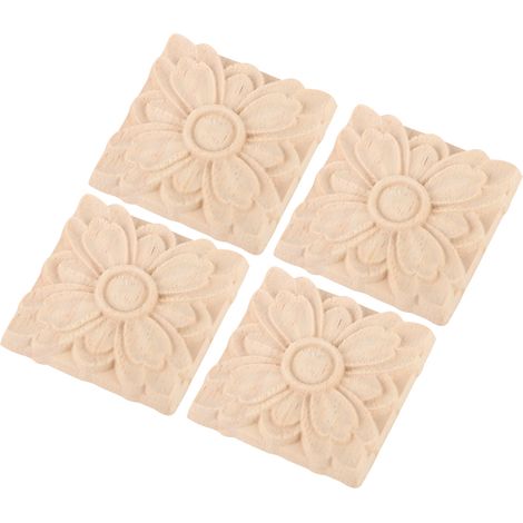 4 pièces d'applique carrée sculptée en forme de fleur pour porte ou meuble, non peinte (2) (1/5)