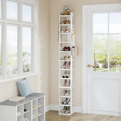 Étagère à Chaussures, Meuble à Chaussure à 12 Niveaux, Étagère de Rangement en Bois avec Crochets, Réglable, Peu Encombrante pour L'entrée, Couloir, Salon, Blanc (1/5)