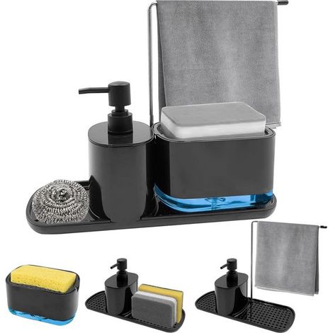 Organizador de fregadero 4 en 1: Dispensador de jabón, soporte para esponja y paño de cocina - Negro (1/5)