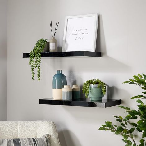 Pair Floating Wall Mounted Storage Shelf Wooden 60cm CD Bookshelves Gloss Black