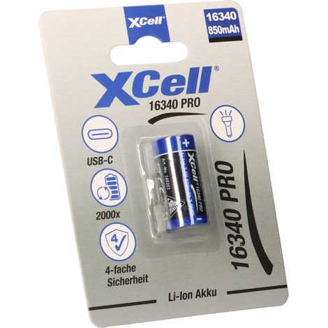 XCell CR123A 16340 Pro Li-Ion Akku 3,6V 850mAh mit USB-C (1/5)