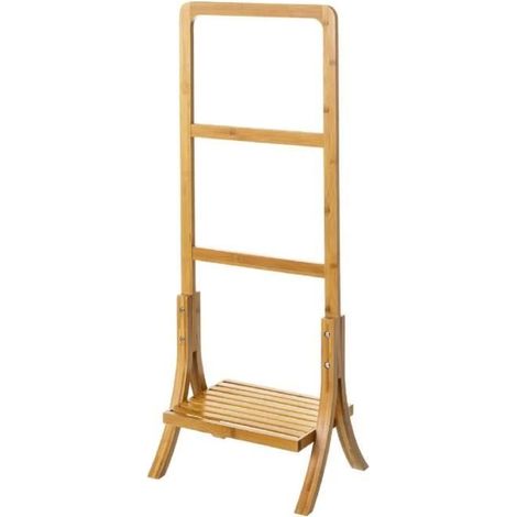 Porte-serviettes - JUANIO - 40x29x104 cm - Bambou naturel - 2 barres & étagère - Barre 34 cm (1/4)