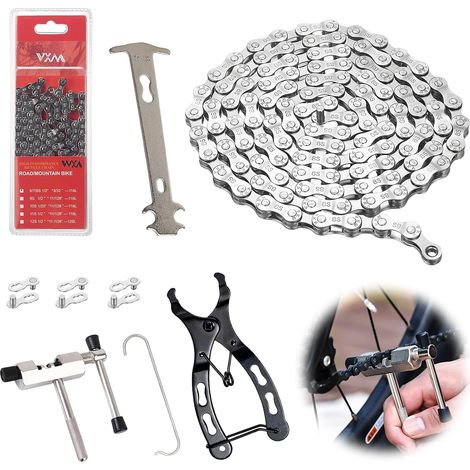 Kit complet outillage vélo, chaine velo 6/7/8 vitesses 116 maillons, outils velo pratique avec pince à chaîne, casse-chaîne et 3 paires de chaînes Antivol pour VTT (1/5)