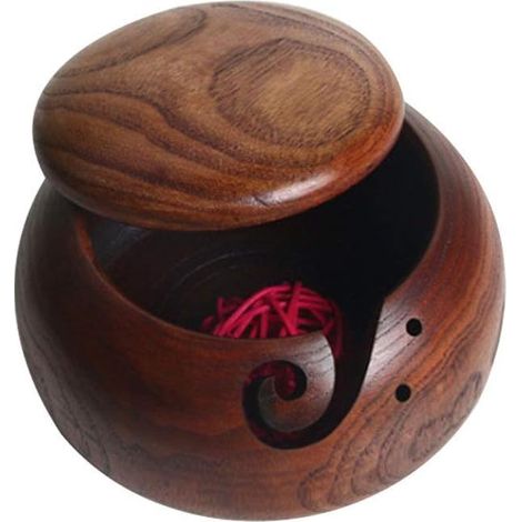 Bol à laine en bois fait main - Bol à laine en bois, bol de rangement en bois avec trous sculptés et trous de perçage pour le crochet et le tricot, décoration intérieure (16 cm avec couvercle) (1/4)