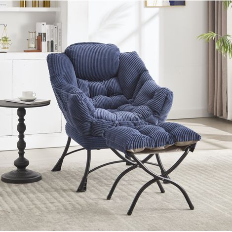 Fauteuil lounge avec repose-pieds 69.9x64x95 cm bleu marine en acier et flanelle avec poche latérale (1/5)