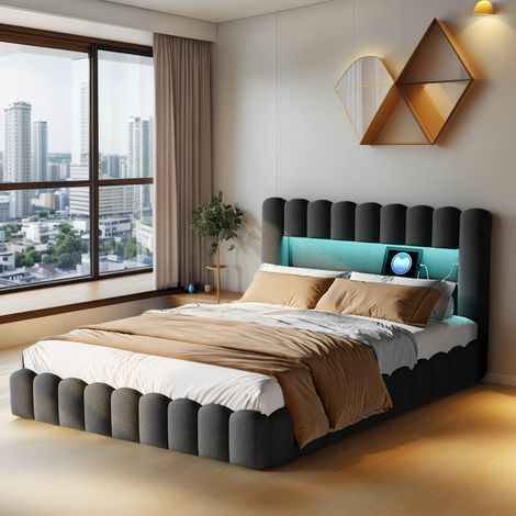 Lit coffre 140 x 200 cm, lit 140x200 avec sommier, avec port USB et LED, lit double, Lit Rembourré, cadre de lit, Lin, Gris (1/5)