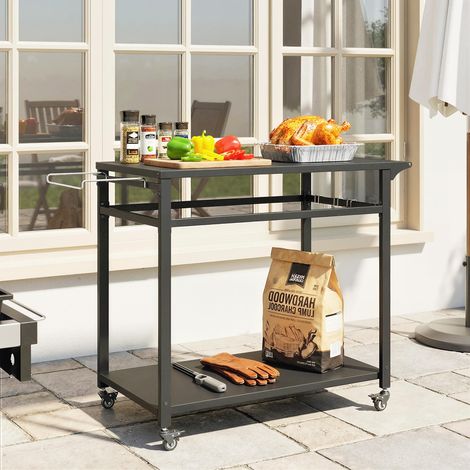 Carrito para barbacoa, 2 estantes, soporte para pizza, colgador de bolsas y ganchos, color negro.