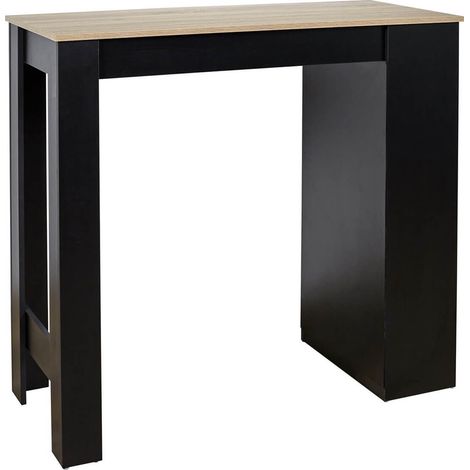 Altobuy – Table de bar mange-debout 115x50xH103 cm – 4 niches de rangement – Piétement en panneau de particules noir – Plateau MDF aspect bois (1/3)