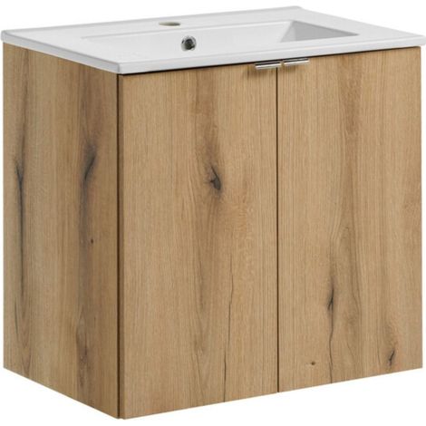 Set da bagno sospeso VANO effetto rovere 60cm: mobile sottolavabo con armadietti + lavabo incassato