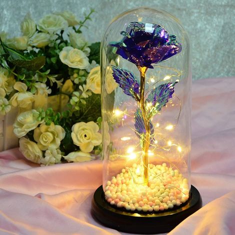 Mariage, Saint-Valentin (violet), Kit de rose sous dôme en verre avec lumière LED pour décoration principale: anniversaire (1/5)