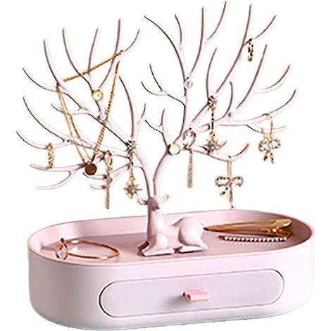 Boîte à bijoux, présentoir à bijoux, porte-colliers, étagère pour femmes, plateau multifonction, support pour arbre en bois de cerf, tiroir, rose pour filles (1/5)