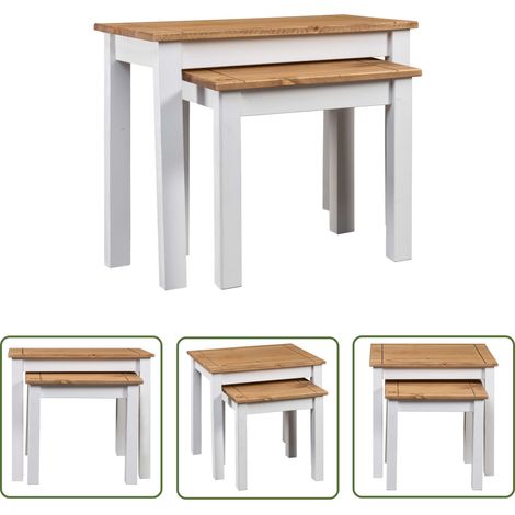The Living Store Tables gigognes 2pcs Blanc Bois pin massif Assortiment Panama - Table Basse - Table D'appoint - Tables Gigognes - Meubles Rustiques - Mobilier Design (1/5)