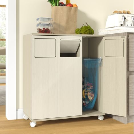Meuble de Tri Sélectif - 69,3x35x80cm - Poubelle de Cuisine 3 Compartiments Mobile avec Roulettes - Blanc et Bois Clair (1/5)