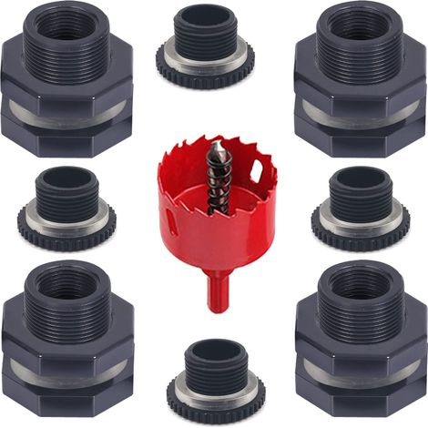 Lot de 4 raccords de cloison de Baril de Pluie avec Bouchons et Outil de scie Cloche, kit de connecteur de Robinet en PVC de 1,9 cm pour barils de Pluie, réservoirs d'eau, piscines, (1/5)