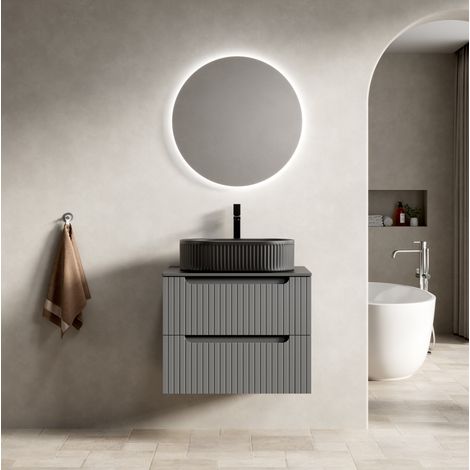 Meuble lave-mains suspendu 60 cm en céramique, pierre frittée et contreplaqué gris foncé/noir, 2 tiroirs soft-close (1/5)