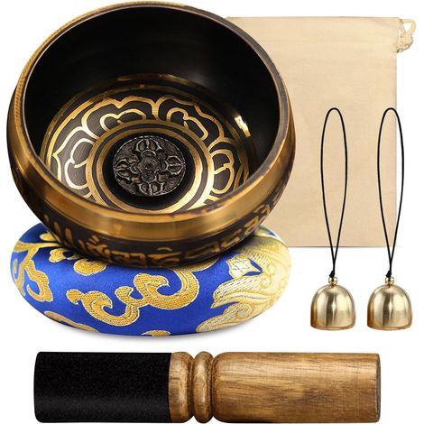Bols Chantants Tibétains, Mini Bol Tibétain 8CM, Bol de Méditation, avec Maillet en Bois, Coussin Sonore, Sac en Tissu de Rangement, Bol Chantant Tibetain pour Yoga, Relaxation Mentale, Méditation (1/5)