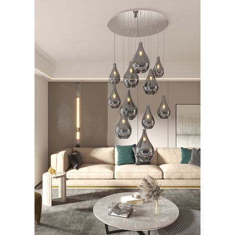 Lampadario Contemporaneo Drop 2.0 Metallo Cromo Vetro Fumè 12 Luci E27