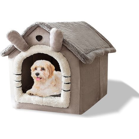 Cave Bed for Cat, Washable, Warm Plush Cat Igloo, Foldable and Comfortable Cat House, Dog Bed with Non-Slip Bottom (S, Grey Cat) (1/4)