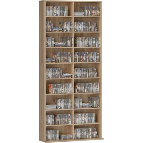 Étagère multimédia 9 niveaux, 18 cases et 14 tablettes ajustables, capacité 640 CD, 360 DVD ou 430 Blu-ray, finition bois naturel (1/5)