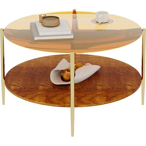 Mesa de centro redonda de vidrio dorado con base de madera y estructura metálica, 82 x 82 x 45 cm (1/5)