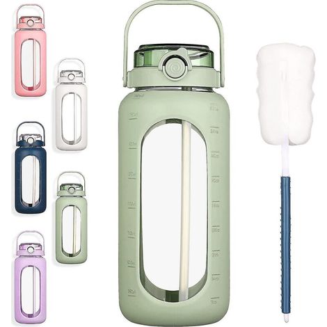 Bouteille d'eau en verre Bluego de 1,9 L (64 oz) avec paille et indicateur de temps, grande bouteille d'eau motivante de 2 L (0,5 gallon) avec housse en silicone, grande carafe d'eau en verre de 2 L (1/5)