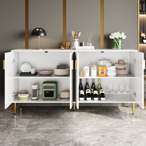 Sideboard 152x40x75 cm weiß aus MDF mit Wellendesign, goldfarbenen Griffen und Kippschutz (1/5)