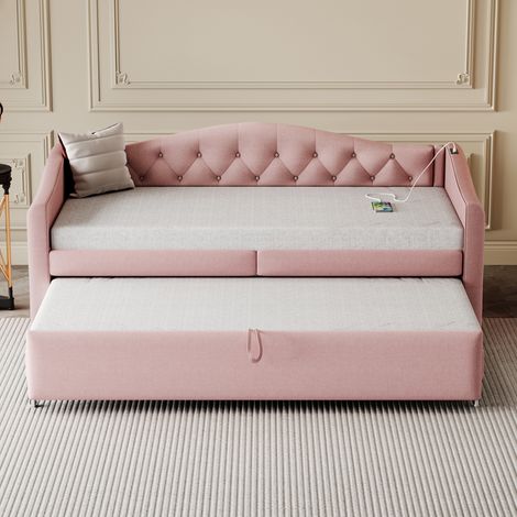 Lit gigogne 90x200cm & 90x190cm en lin - avec port USB et sommier à lattes - Rose (1/5)