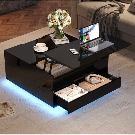 707038cm Wohnzimmer-Couchtisch, Anhebbarer kaffeetisch mit LED-Lichtleiste,Sofatisch mit 1 Schublade,Hochglanz-Beistelltisch mit verstecktem Stauraum und hochklappbaren Türen,Schwarz (1/5)