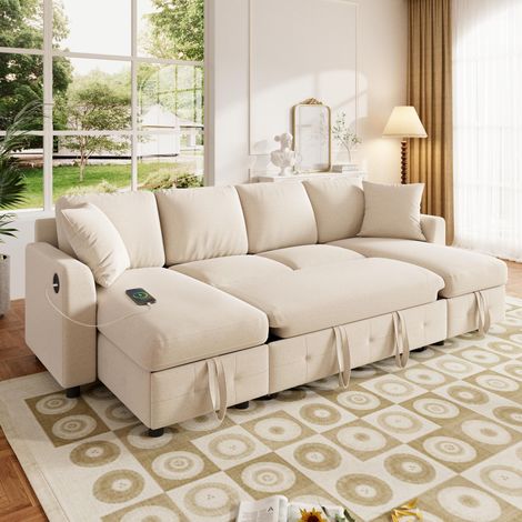 U-form schlafsofa ausziehbar - 260x128x82 cm - 4-sitzer mit 2 stauraum chaiselongues lattenrost und usb-anschluss - Chenille-stoff modern - Beige (1/5)