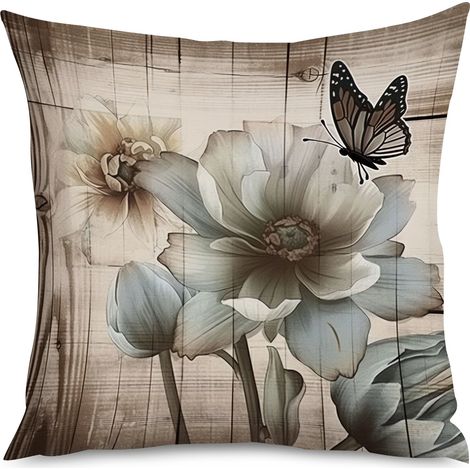 Housse de coussin imprimé bois chêne et anémones (1/5)