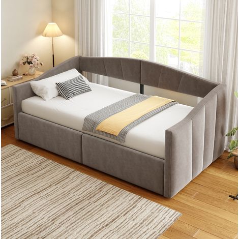 Letto divano imbottito classico 90x200 cm in velluto grigio con testiera, braccioli, rete a doghe e vano contenitore (1/5)